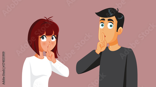 Couple Keeping a Secret Together Vector Cartoon Illustration. Secretive husband and wife keeping their mouth shut 
