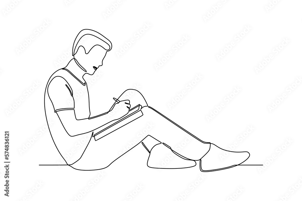 continuous line drawing of young students writing at a book