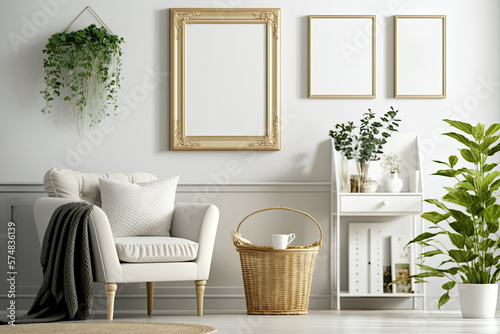 A modern apartment's chic living room features a white mock-up photo frame, a vase of flowers, a wooden ladder with a rattan basket, a box, and classy accessories. stylish interior design. Generative