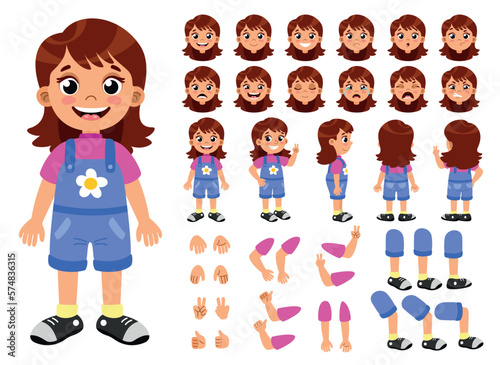 Girl set for animation. Arms, legs and head of the character with different emotions and facial expressions. Collection of body parts. Cartoon flat vector illustrations isolated on white background