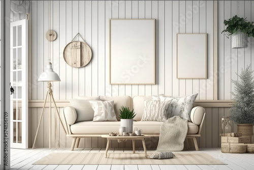 Mock-up of a rustic boho living room in beige and faded tones. Modern wallpaper  furniture  and decorations. Modern interior design  for example. Generative AI