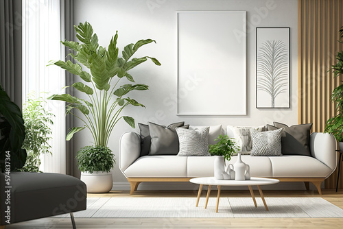 illustration, interior scene and mockup, living room, large sofa, white tone and light wood grain, wall decoration. Generative AI
