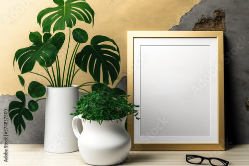 mock-up photo frame with lovely golden pot holding green plants. Generative AI