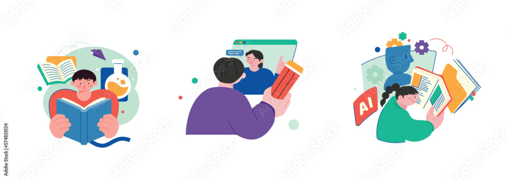 Illustration of education concept. Images of education are decorated around the students. Reading books and acquiring knowledge through the Internet.