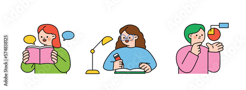Illustration about education.  Students are reading, writing, analyzing, and studying.