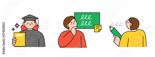 Illustration about education. Students study at school and obtain a degree.
