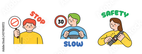 Traffic safety manual for drivers. Person holding a stop sign. Man driving and speed sign. A person wearing a seat belt.