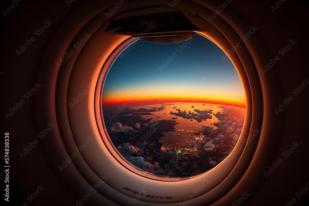 view of the sunset from airplane window - generative ai view of the sunset from airplane window - generative ai