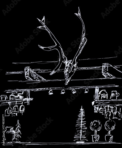 cafe interior with deer antlers, hunting trophies, graphic white drawing on black background