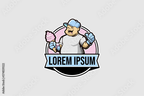 Fat man with ice cream cartoon character vector logo template