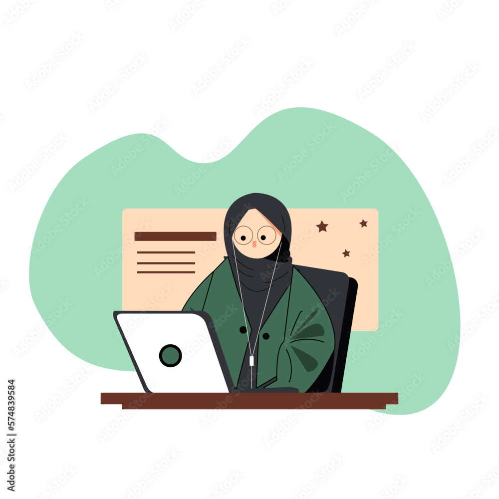 Muslim woman in hijab working on laptop. Vector illustration flat style ...