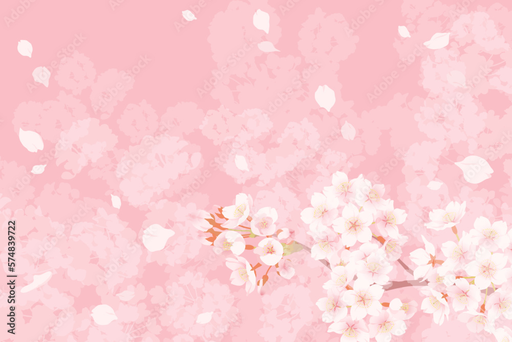 満開の桜と桜吹雪のイラスト、春のイメージの背景素材