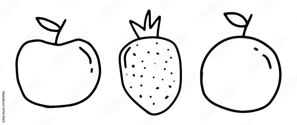 Fruit apple, strawberry, orange icons design collection. Hand drawn doodle plant symbol.