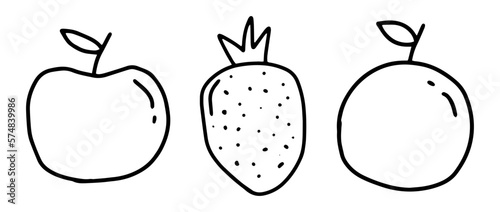 Fruit apple, strawberry, orange icons design collection. Hand drawn doodle plant symbol.