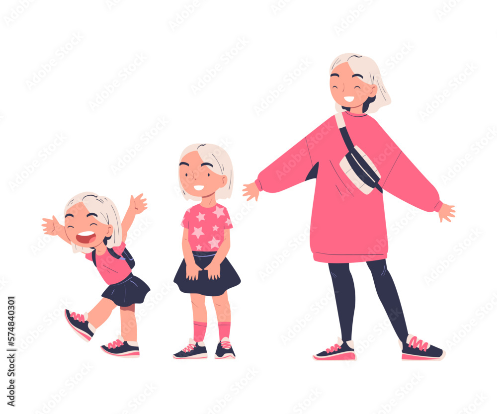 Cute girl from kid to teenager. Preschool, elementary school, secondary school girl cartoon vector illustration Cute girl from kid to teenager. Preschool, elementary school, secondary school girl cartoon vector illustration