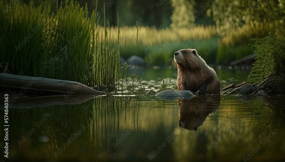 Fototapeta premium Beautiful Artistic Designer Cinematic Portrait of a Beaver Animal in its Natural Habitat: Celebrating Cute Creatures, Wildlife, Biology, Nature, and Biodiversity (generative AI