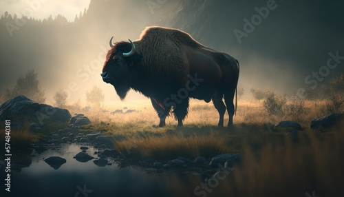 Beautiful Artistic Designer Cinematic Portrait of a Bison Animal in its Natural Habitat: Celebrating Cute Creatures, Wildlife, Biology, Nature, and Biodiversity (generative AI