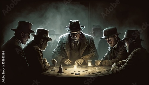 A group of gangsters playing poker around dark room with lights and smoke. Generative AI
