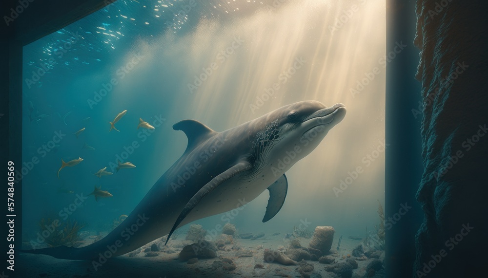 Fototapeta premium Beautiful Artistic Designer Cinematic Portrait of a dolphin Animal in its Natural Habitat: Celebrating Cute Creatures, Wildlife, Biology, Nature, and Biodiversity (generative AI