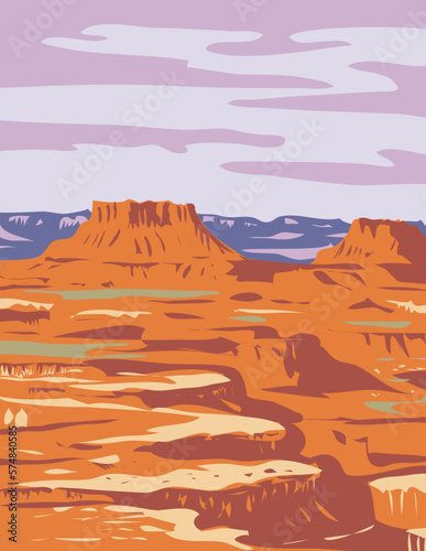 WPA poster art of Island in the Sky in Canyonlands National Park located in Moab, Utah USA done in works project administration style.