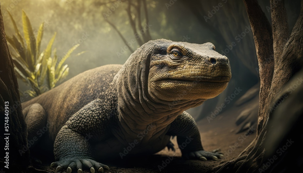 Obraz premium Beautiful Artistic Designer Cinematic Portrait of a Komodo Dragon Animal in its Natural Habitat: Celebrating Cute Creatures, Wildlife, Biology, Nature, and Biodiversity (generative AI