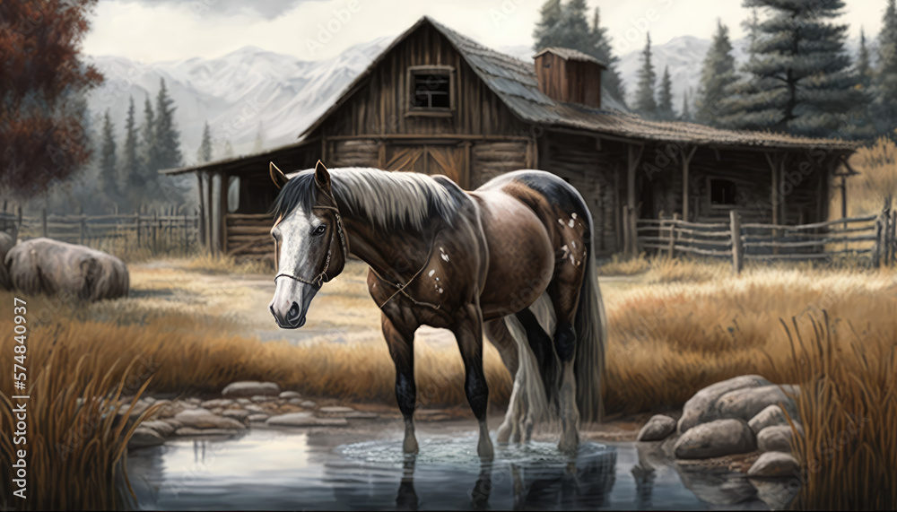 "Western Horse Art with Barn and Stream" a stunning artwork of a