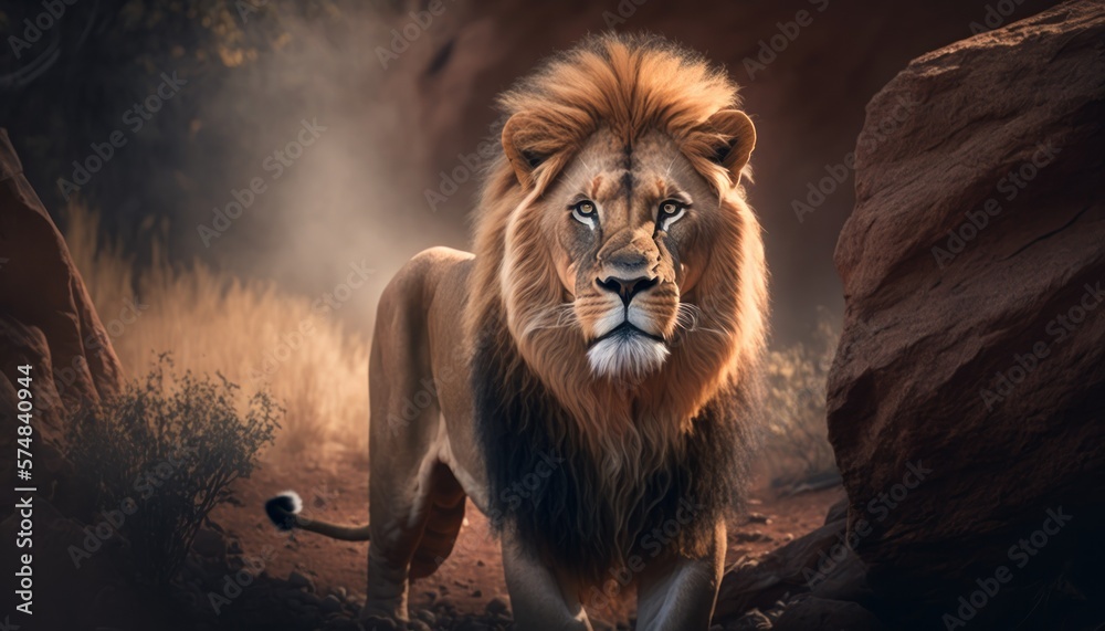 Naklejka premium Beautiful Artistic Designer Cinematic Portrait of a Lion Animal in its Natural Habitat: Celebrating Cute Creatures, Wildlife, Biology, Nature, and Biodiversity (generative AI