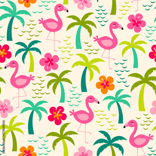 Cute flamingo, palm tree and hibiscus seamless pattern design for summer holidays background.