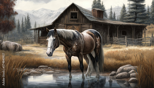 "Western Horse Art with Barn and Stream" - a stunning artwork of a majestic horse in a western style, with a background featuring a barn and a stream © Kaare