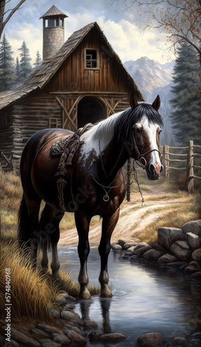  Western Horse Art with Barn and Stream  - a stunning artwork of a majestic horse in a western style  with a background featuring a barn and a stream