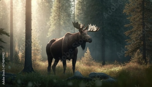 Beautiful Artistic Designer Cinematic Portrait of a Moose Animal in its Natural Habitat: Celebrating Cute Creatures, Wildlife, Biology, Nature, and Biodiversity (generative AI © Get Stock