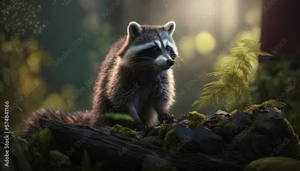 Obraz premium Beautiful Artistic Designer Cinematic Portrait of a Raccoon Animal in its Natural Habitat: Celebrating Cute Creatures, Wildlife, Biology, Nature, and Biodiversity (generative AI