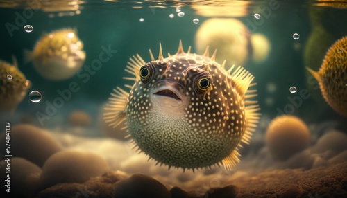 Beautiful Artistic Designer Cinematic Portrait of a pufferfish Animal in its Natural Habitat: Celebrating Cute Creatures, Wildlife, Biology, Nature, and Biodiversity (generative AI