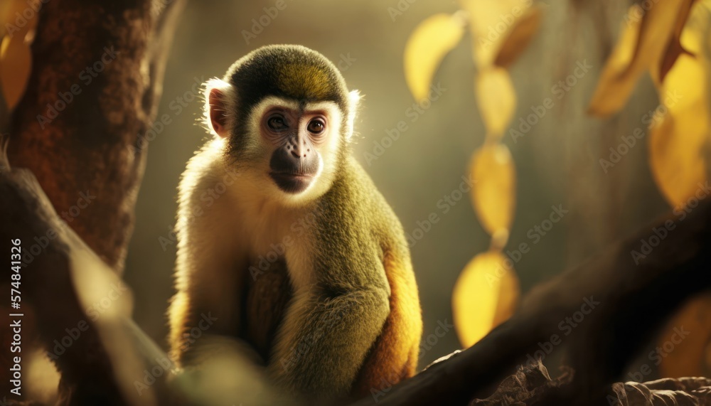 Obraz premium Beautiful Artistic Designer Cinematic Portrait of a Squirrel Monkey Animal in its Natural Habitat: Celebrating Cute Creatures, Wildlife, Biology, Nature, and Biodiversity (generative AI