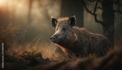 Beautiful Artistic Designer Cinematic Portrait of a Wild Boar Animal in its Natural Habitat: Celebrating Cute Creatures, Wildlife, Biology, Nature, and Biodiversity (generative AI