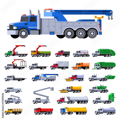 Municipal service work truck and vehicle fleet. Vector colorful set of truck icons on white background