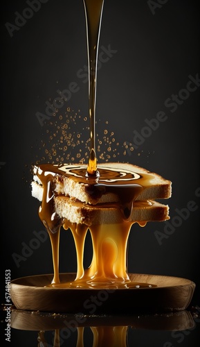 Dripping honey onto a stack of warm buttered toast. Generative AI.