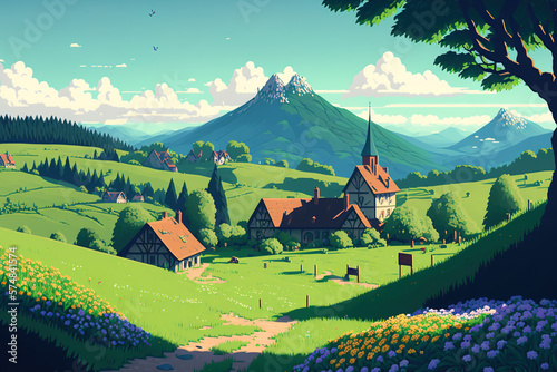 sweeping view of a springtime hamlet with a green meadow on hills against a blue sky, illustration of a spring or summer scene, Mountainous countryside in the distance with meadows of wildflowe photo