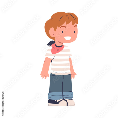 Cute cheerful preschool boy in casual outfit cartoon vector illustration