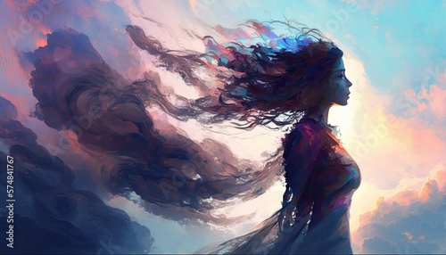 Beautiful elemental sky woman, clouds, blue skies, airy and soft - generative AI
