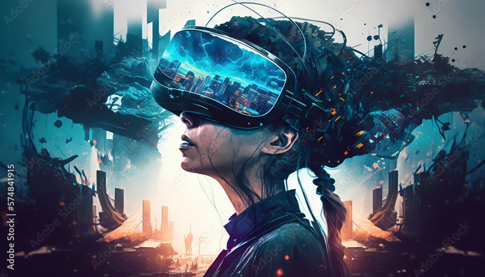 girl fantasy wearing a virtual reality headset created by generative AI girl fantasy wearing a virtual reality headset created by generative AI