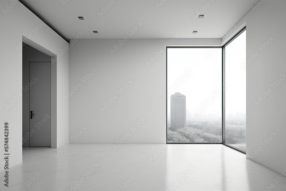Fototapeta premium Interior blank wall with white wooden floor and city view. Mockup,. Generative AI