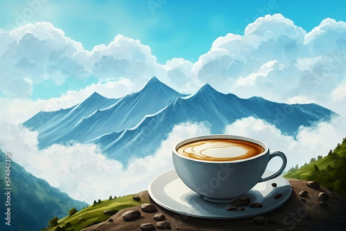 A cup of coffee in mountain landscape background. Ai generated © napanok