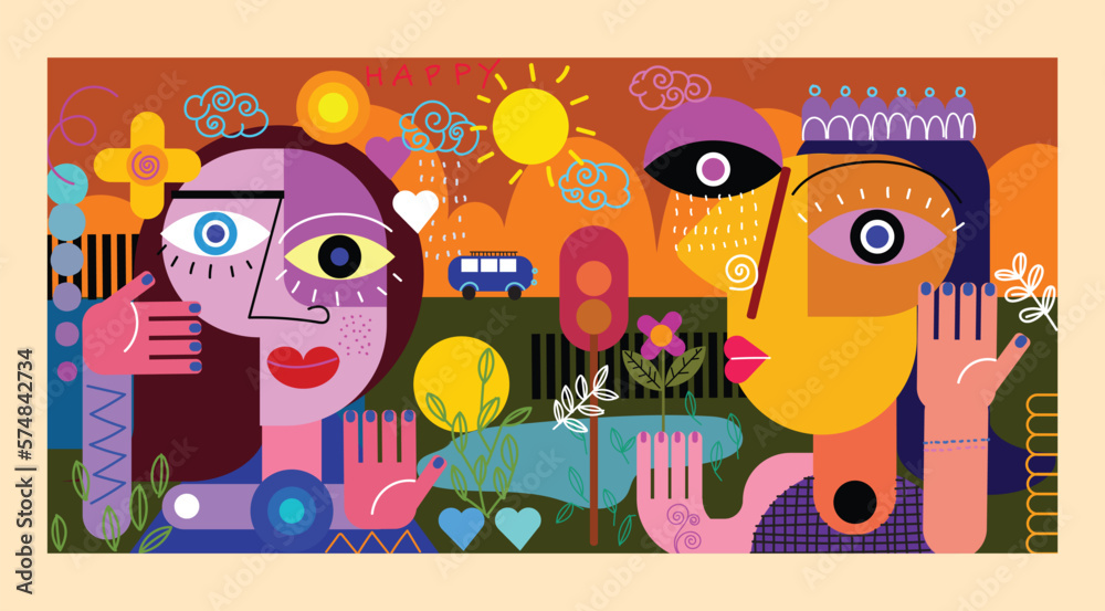 Fototapeta premium Group of various people abstract shapes, line , colorful, modern art vector illustration. Portrait figure design for wall art, cards, poster, cover and prints.