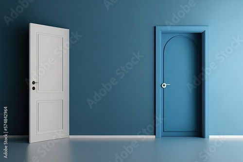 White door, blue room, wooden floor. Mockup,. Generative AI
