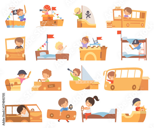Cute Creative Little Boy and Girl Playing on Bed and with Cardboard Handmade Toy Big Vector Set