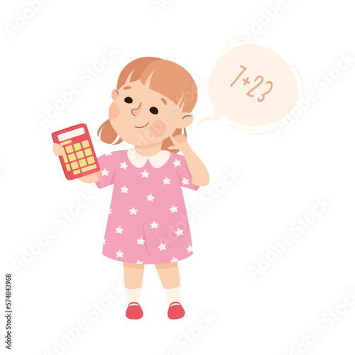 Cute preschool girl solving math examples using calculator cartoon vector illustration