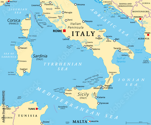 Southern Italy, known as Meridione or Mezzogiorno, political map. Macroregion of Italy consisting of its southern regions Abruzzo, Apulia, Basilicata, Calabria, Campania, Molise, Sardinia, and Sicily.