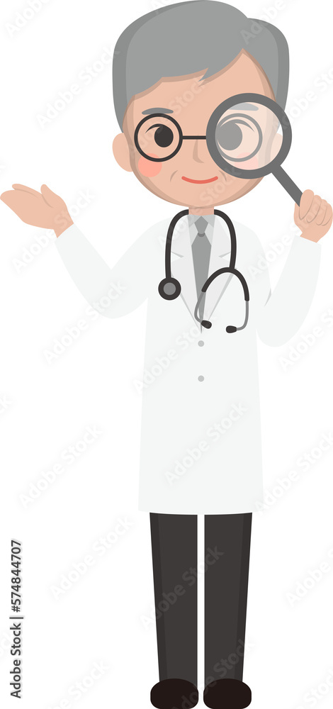 Male doctor or paramedic with magnifying glass and research or observation Male doctor or paramedic with magnifying glass and research or observation