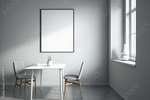 Corner view of a dining room with a white empty poster  table  seats  concrete floor  dishes  and gray walls. minimalism. Originality. mockup. Generative AI